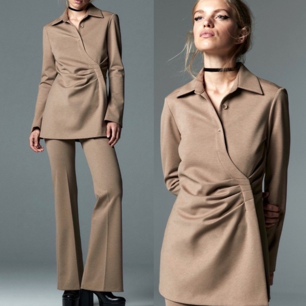 Zara Longline Pleated Shirt Mid-Camel XS. Ref 8953/101